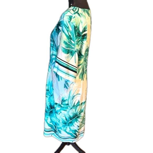 Chico’s Black Label Asymmetrical Palm-Print Kimono Dress Elegant Statement Piece - Picture 2 of 9